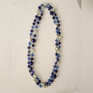 Blue Beaded Single Strabd Necklace 22" Long